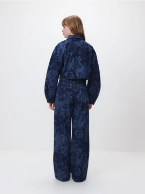 Reserved - Jeansy wide leg w kwiaty - granatowy