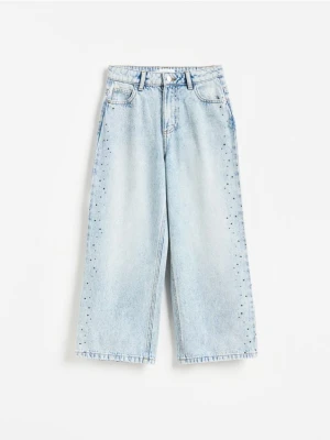Reserved - Jeansy wide leg z aplikacjami - niebieski