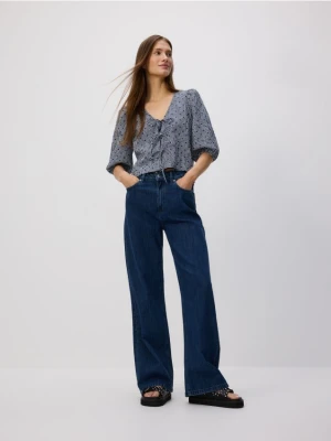 Reserved - Jeansy wide leg z dodatkiem lnu - granatowy