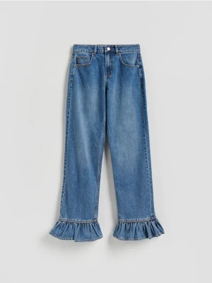Reserved - Jeansy wide leg z falbankami - niebieski