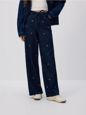 Reserved - Jeansy wide leg z haftem - granatowy