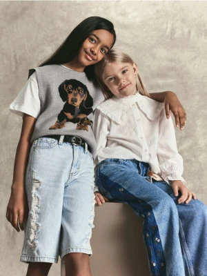 Reserved - Jeansy wide leg z haftem - niebieski