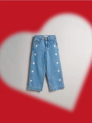 Reserved - Jeansy wide leg z haftem - niebieski