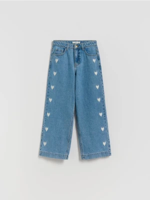 Reserved - Jeansy wide leg z haftem - niebieski