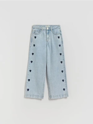 Reserved - Jeansy wide leg z haftem - niebieski