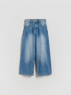 Reserved - Jeansy wide leg z opraniem - niebieski