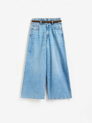 Reserved - Jeansy wide leg z paskiem - niebieski