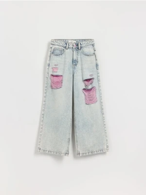 Reserved - Jeansy wide leg z przetarciami - niebieski