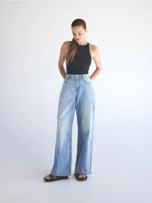 Reserved - Jeansy wide leg z przetarciami - niebieski