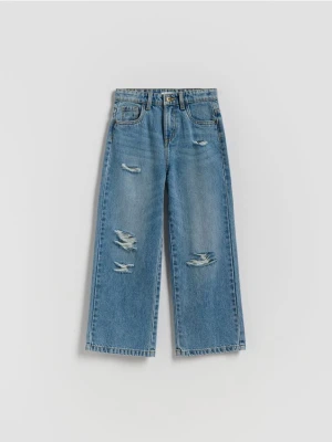Reserved - Jeansy wide leg z przetarciami - niebieski