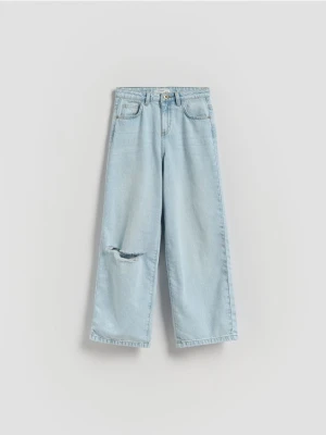 Reserved - Jeansy wide leg z przetarciem - niebieski