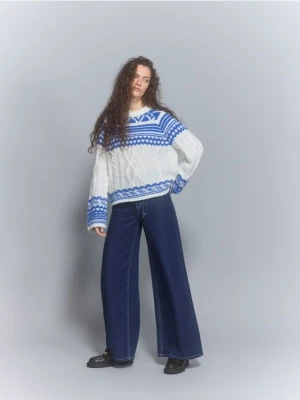 Reserved - Jeansy wide leg z wiązaniem - granatowy