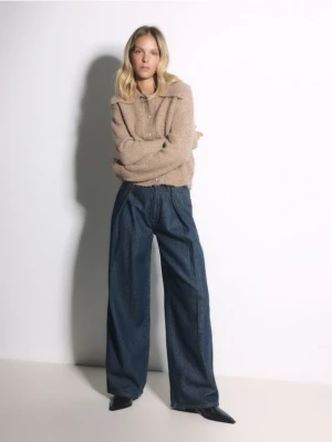 Reserved - Jeansy wide leg z zakładkami - granatowy