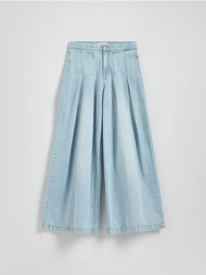 Reserved - Jeansy wide leg z zakładkami - niebieski