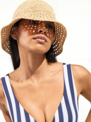 Reserved - Kapelusz bucket z rafii - kremowy