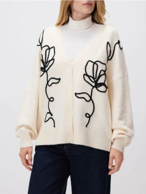 Reserved - Kardigan z haftem - kremowy