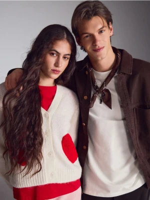 Reserved - Kardigan z haftem - kremowy