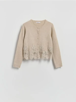 Reserved - Kardigan z koronkowym wykończeniem - beżowy