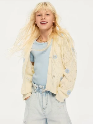 Reserved - Kardigan z kwiatową aplikacją - złamana biel