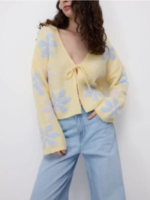 Reserved - Kardigan z ozdobnym wiązaniem - jasnożółty