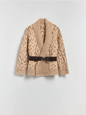 Reserved - Kardigan z paskiem - kremowy
