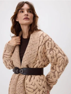 Reserved - Kardigan z paskiem - kremowy