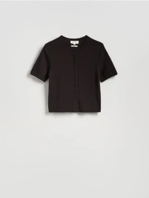 Reserved - Kardigan z wełny merino - ciemnobrązowy