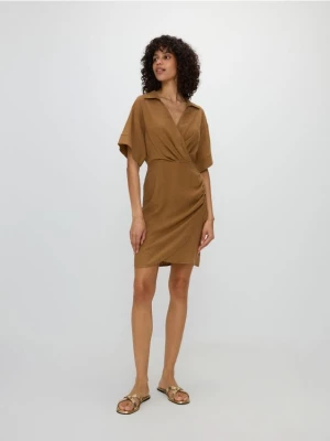Reserved - Kopertowa sukienka mini z lnem - brązowy