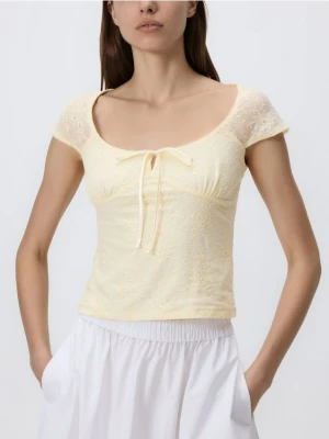 Reserved - Koronkowa bluzka z wiązaniem - jasnożółty