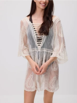 Reserved - Koronkowa narzutka plażowa - kremowy