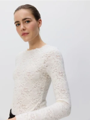 Reserved - Koronkowe body z długimi rękawami - złamana biel