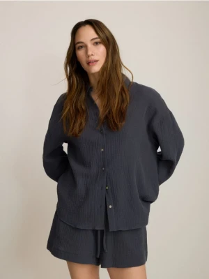 Reserved - Koszula oversize z bawełnianego muślinu - ciemnozielony