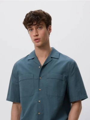 Reserved - Koszula regular z dodatkiem lnu - morski