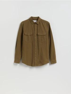 Reserved - Koszula regular z lnem - ciemnozielony