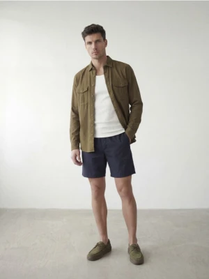 Reserved - Koszula regular z lnem - ciemnozielony