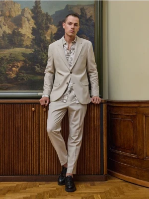 Reserved - Koszula slim fit z domieszką lnu - beżowy