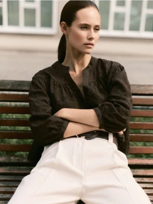 Reserved - Koszula z ażurowym wzorem - ciemnobrązowy