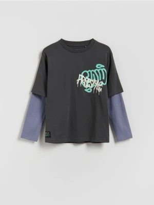 Reserved - Koszulka longsleeve z nadrukiem - ciemnoszary