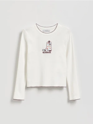 Reserved - Koszulka z haftem - złamana biel