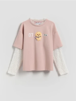 Reserved - Koszulka z koronkowymi rękawami - różowy