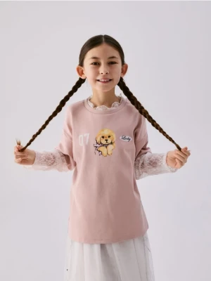 Reserved - Koszulka z koronkowymi rękawami - różowy