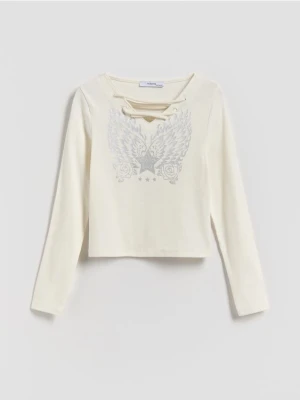 Reserved - Koszulka z metalicznym nadrukiem - złamana biel