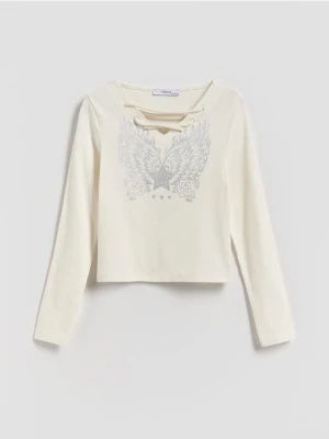 Reserved - Koszulka z metalicznym nadrukiem - złamana biel