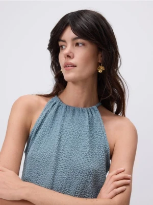 Reserved - Kreszowany top z dekoltem halter - jasnozielony