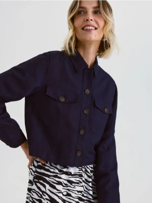 Reserved - Krótka kurtka z lnem - granatowy