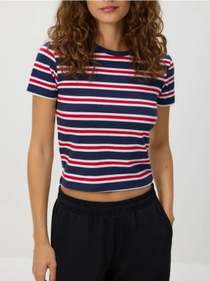 Reserved - Krótki t-shirt w paski - granatowy