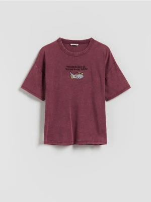 Reserved - Krótki t-shirt z haftem - bordowy