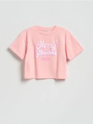 Reserved - Krótki t-shirt z nadrukiem - brzoskwiniowy