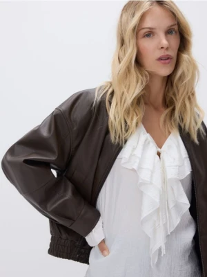 Reserved - Kurtka bomberka z kołnierzykiem - ciemnobrązowy