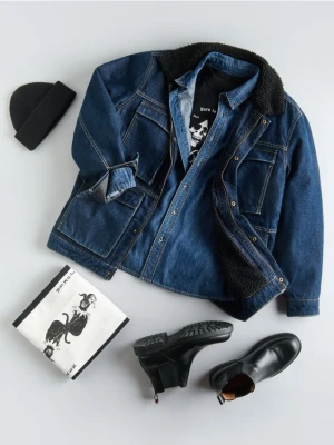 Reserved - Kurtka sherpa z kołnierzem - granatowy